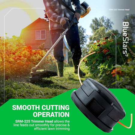SRM-225 Speed Feed 400 trimmer head replacement shown in a lifestyle graphic for lawn maintenance.