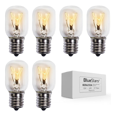 Set of six 125V 40W E17 base Whirlpool microwave light bulbs with product packaging box.