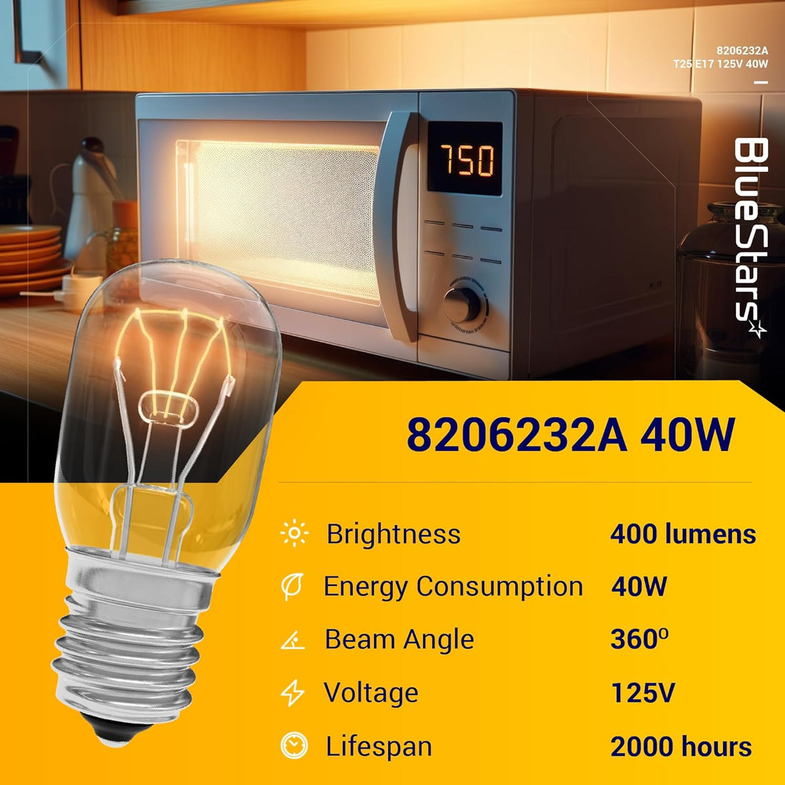 8206232A Whirlpool microwave light bulb with E17 base and 40W specifications shown on an informational product graphic.