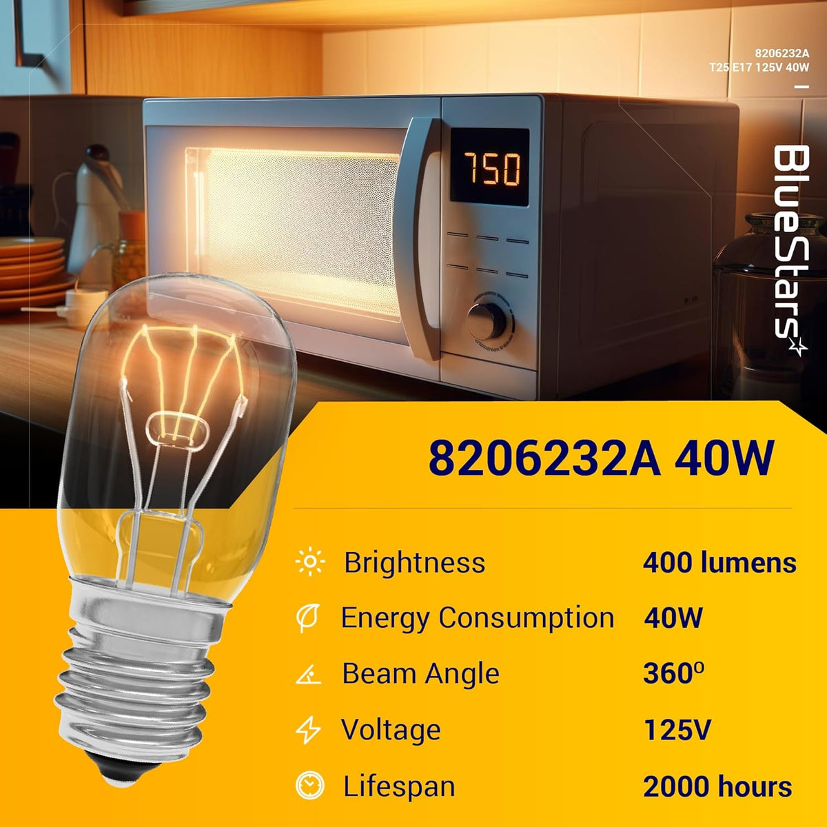 8206232A Whirlpool microwave light bulb with E17 base and 40W specifications shown on an informational product graphic.