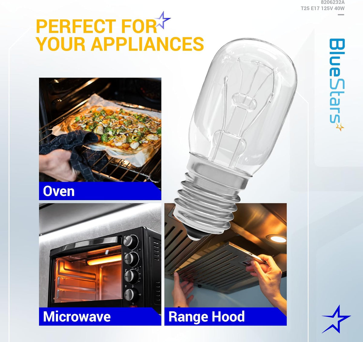 Whirlpool microwave light bulb 125V 40W E17 base shown with oven, microwave, and range hood application examples.