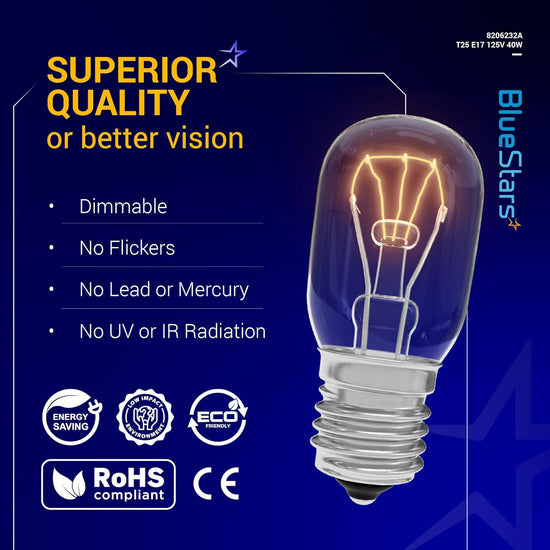 Whirlpool 8206232A microwave light bulb with E17 base, 125V 40W, shown in an informational product graphic.