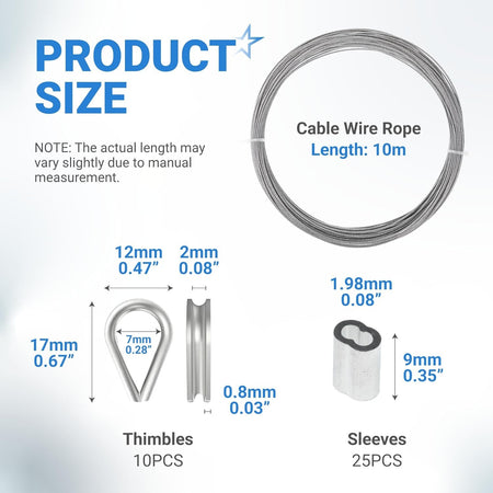 Infographic showing dimensions for 1/16 inch wire rope, aluminum sleeves, and metal thimbles.