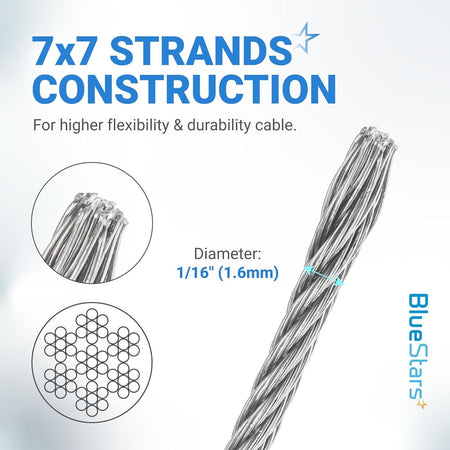 Close-up of 1/16 inch wire rope showing 7x7 strand construction for high flexibility and durability.