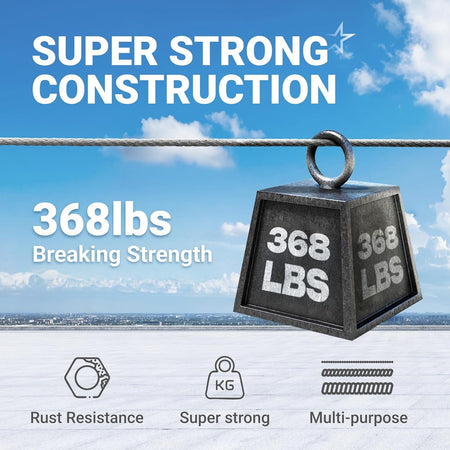 1/16 inch wire rope demonstrating 368 lbs breaking strength with icons for rust resistance and multi-purpose use.