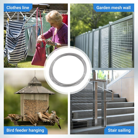 Collage showing 1/16" wire rope coil used for clotheslines, garden fencing, bird feeders, and stair railings.