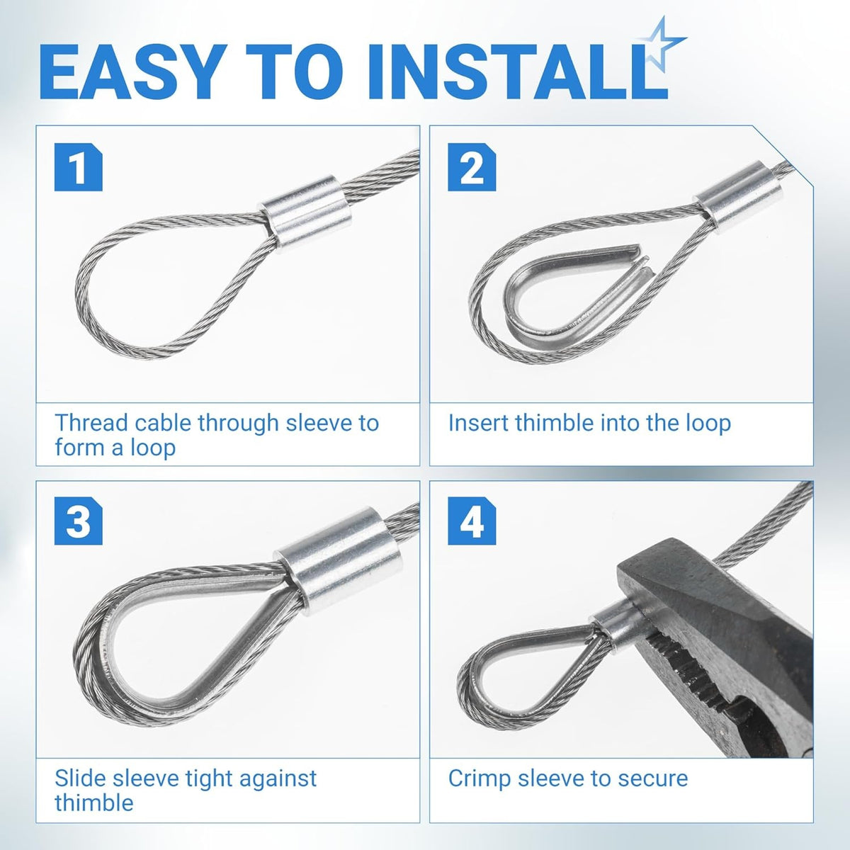 Four-step installation guide for 1/16 inch wire rope kit using aluminum sleeves and thimbles.