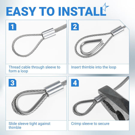 Four-step installation guide for 1/16 inch wire rope kit using aluminum sleeves and thimbles.