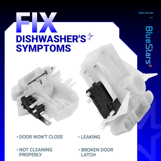 Replacement dishwasher door latch assembly DD81-02132A for Samsung dishwashers, showing two views of the white latch.