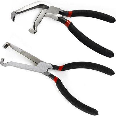 Two electrical disconnect pliers with black rubberized handles and angled jaws for automotive connector removal.