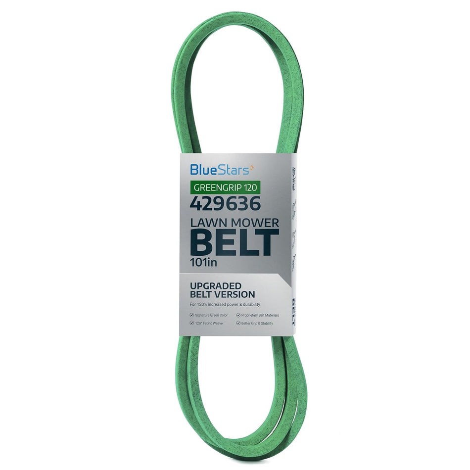 Green deck drive belt for lawn mowers with BlueStars branded packaging label.