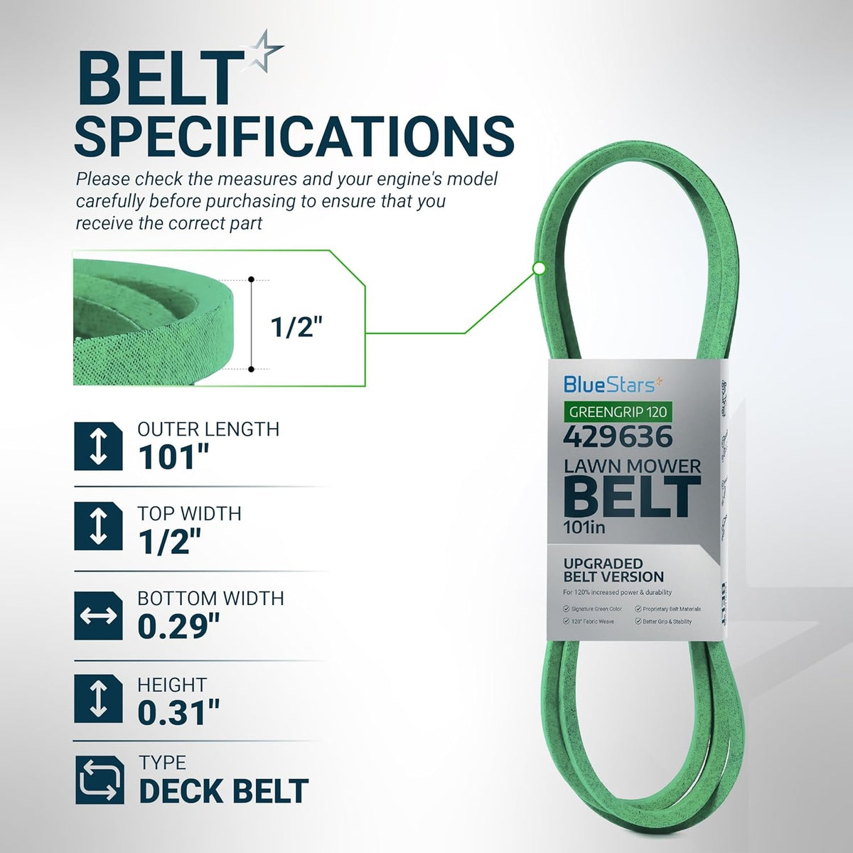 Infographic showing specifications and dimensions for 954-04060B deck drive belt for Cub Cadet and Troy-Bilt lawn mowers.
