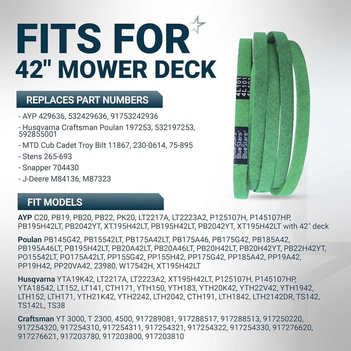 Green 42-inch mower deck drive belt replacement for Cub Cadet, Troy-Bilt, and John Deere lawn tractors.