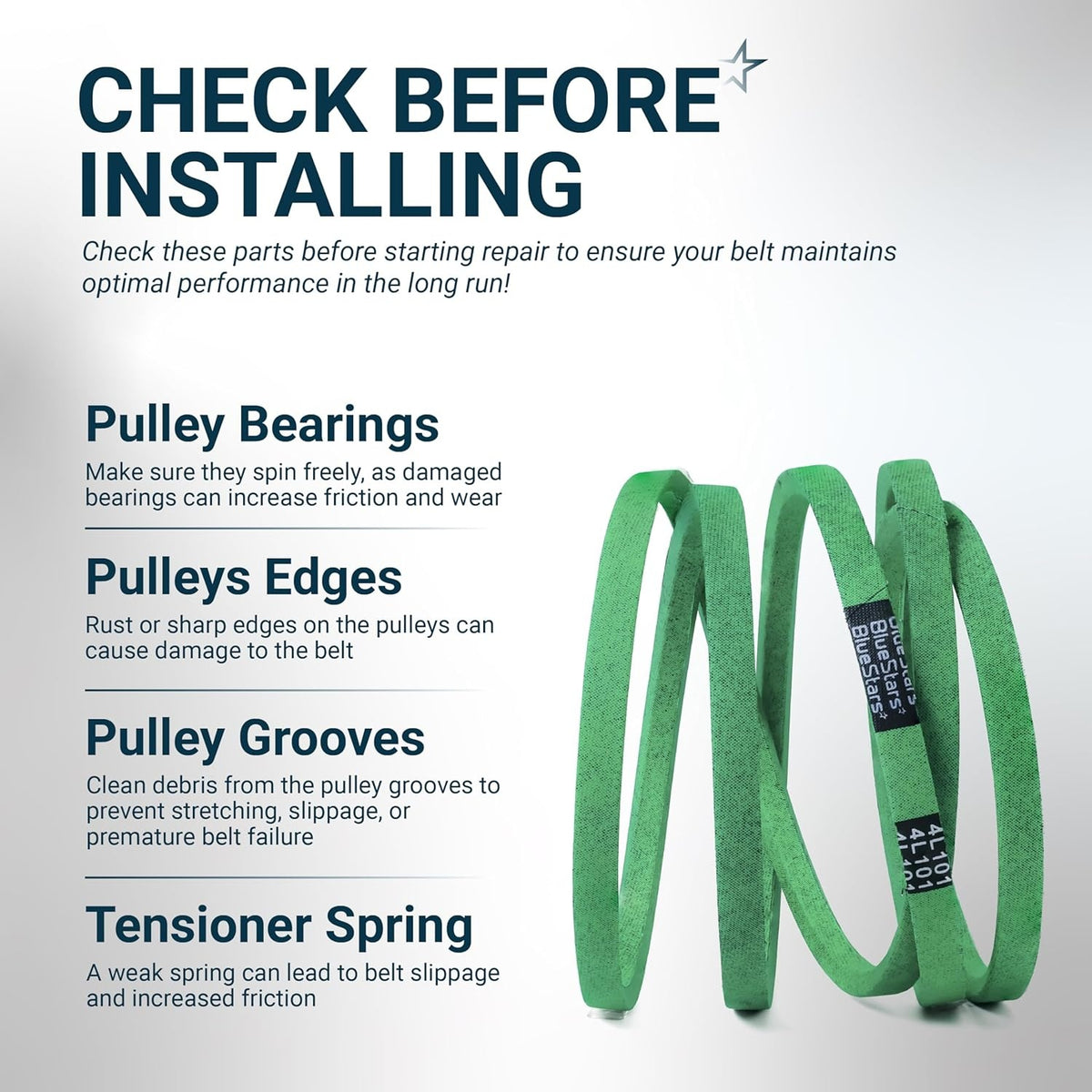 Informational graphic for 954-04060B deck drive belt installation tips and pulley maintenance checklist.