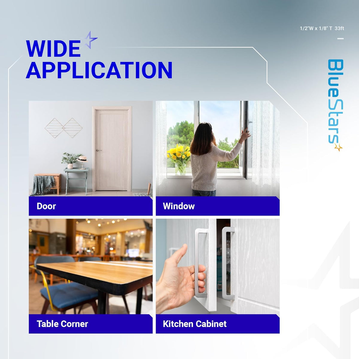 Infographic showing wide application of adhesive foam tape for doors, windows, table corners, and kitchen cabinets.