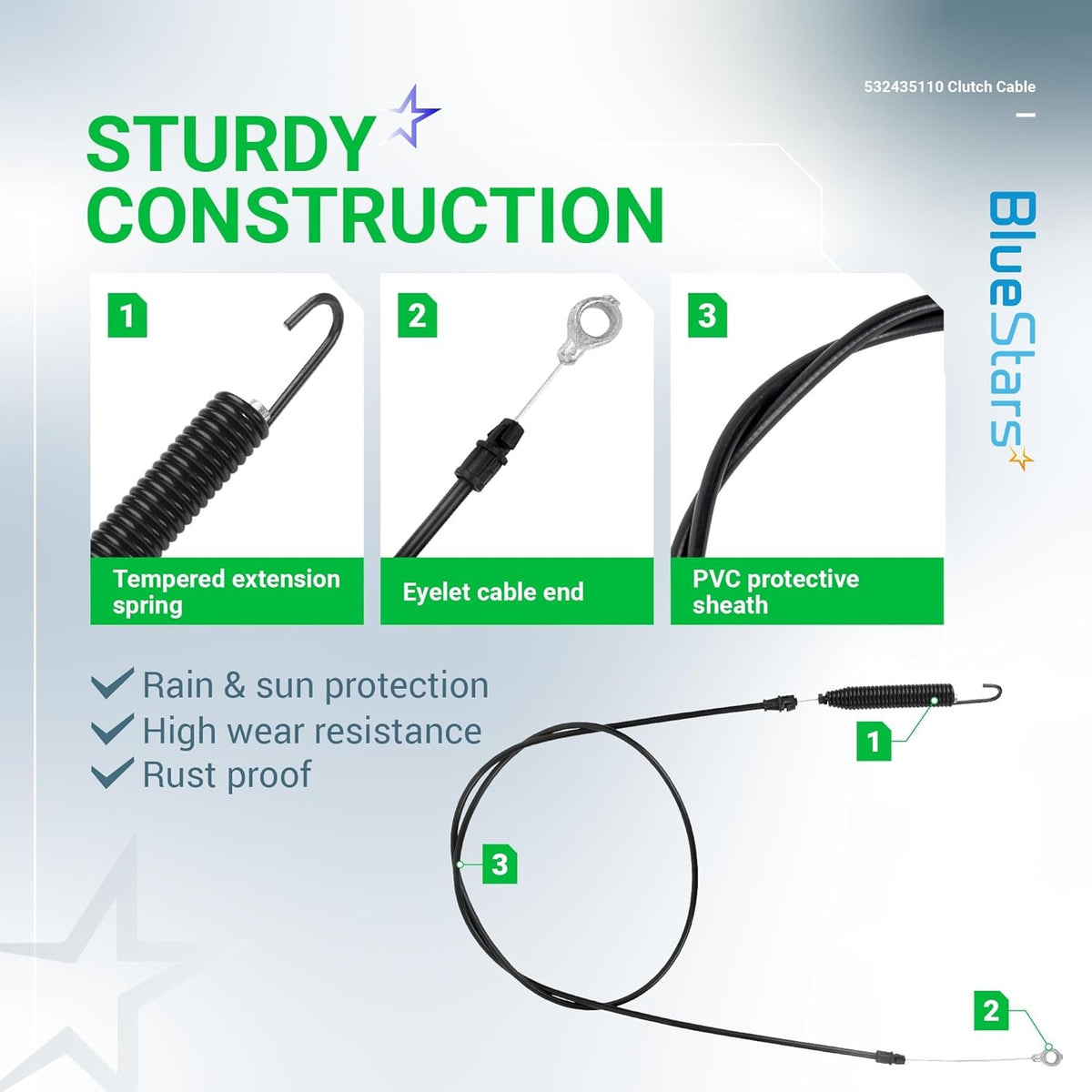 Infographic showing construction details of 532435110 lawn tractor clutch cable including spring, eyelet, and sheath.