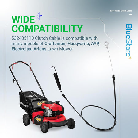 532435110 clutch cable for Husqvarna and Craftsman lawn mowers, showing compatibility and installation application.