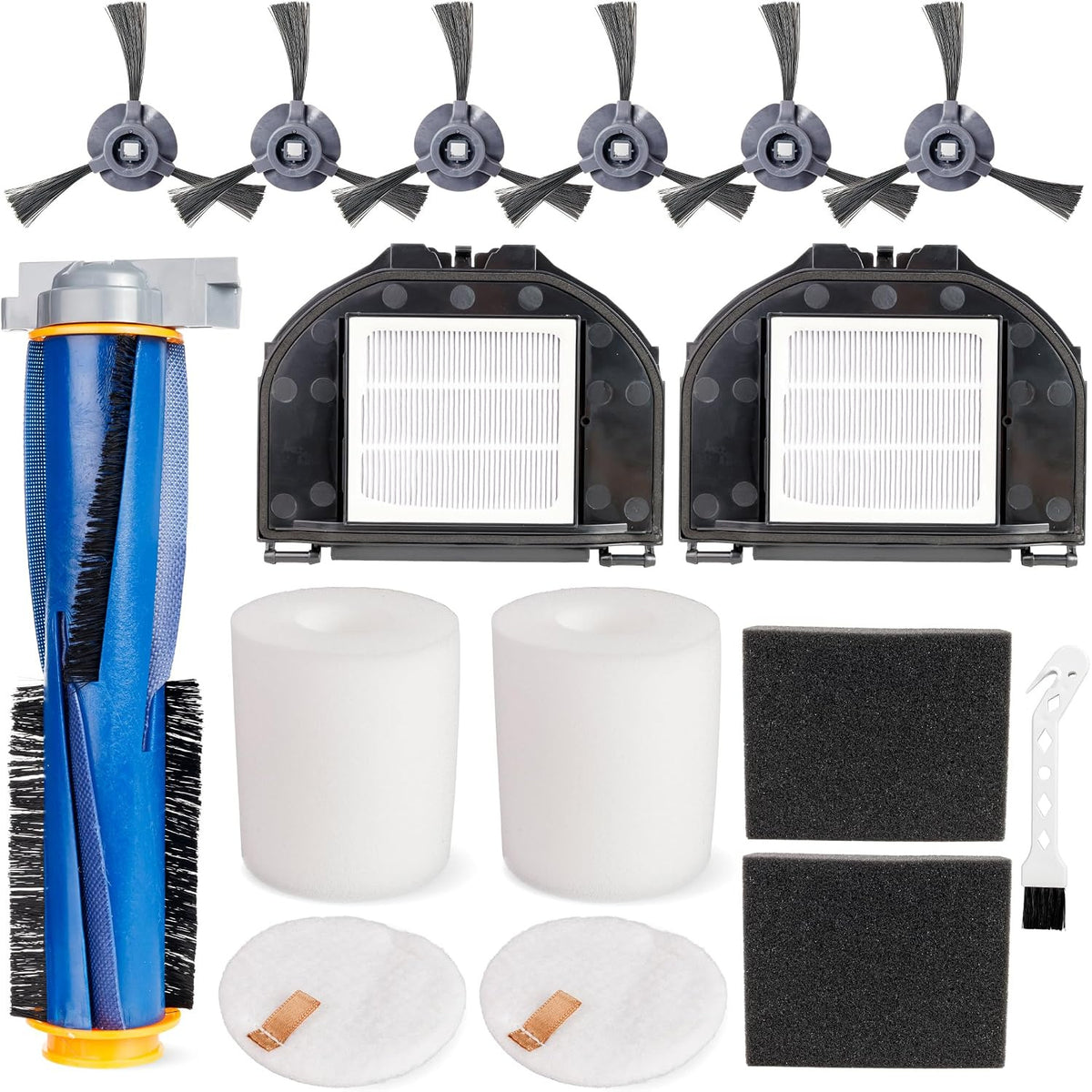 RV2310AE Replacement Parts kit arranged on white background with brushes, roller, filters, pads, and cleaning tool