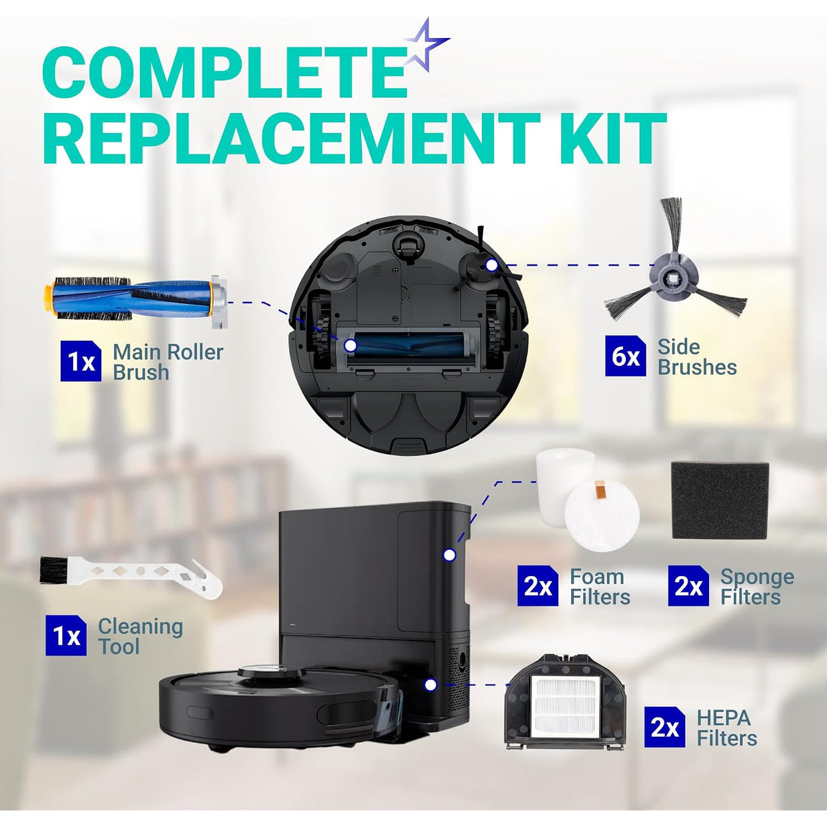 RV2310AE replacement parts kit showing main roller brush, side brushes, filters, foam filters and cleaning tool