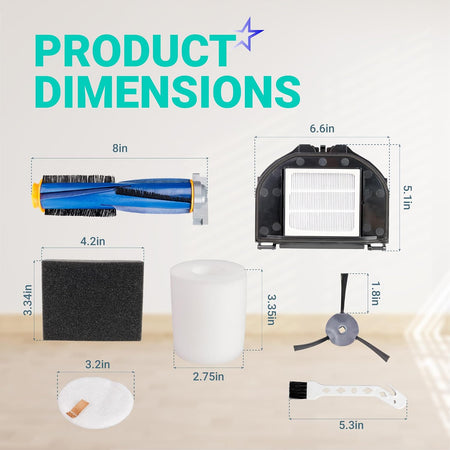 RV2310AE replacement parts kit dimensions diagram showing brushroll, filter housing, filters, side brush, cup, and cleaning t