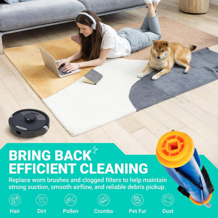 RV2310AE Replacement Parts lifestyle graphic showing a robot vacuum, roller brush, and cleaning benefits text