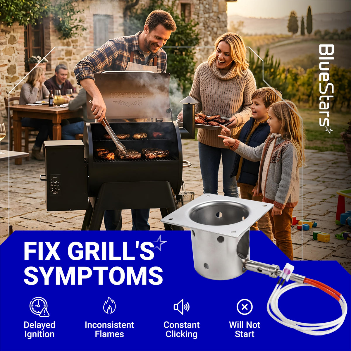Fire burn pot and hot rod ignitor kit for Traeger and Pit Boss wood pellet grills shown in a troubleshooting graphic.