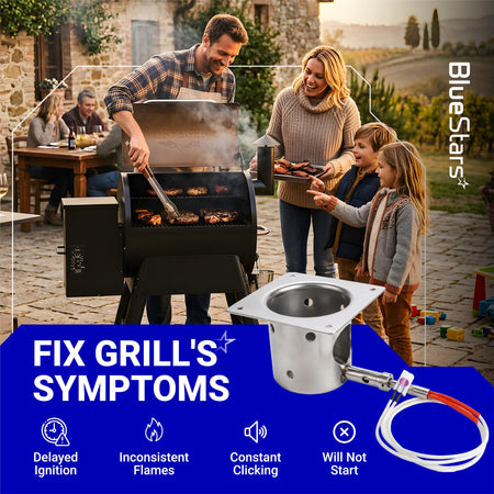 Fire burn pot and hot rod ignitor kit for Traeger and Pit Boss wood pellet grills shown in a troubleshooting graphic.