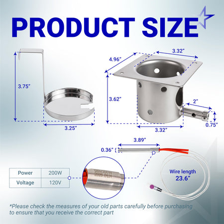 Dimensional diagram showing measurements for wood pellet grill fire burn pot, ash remover, and hot rod ignitor kit.