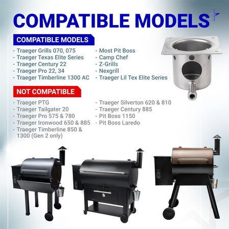 Compatibility chart for wood pellet grill fire burn pot replacement for Traeger and Pit Boss models.