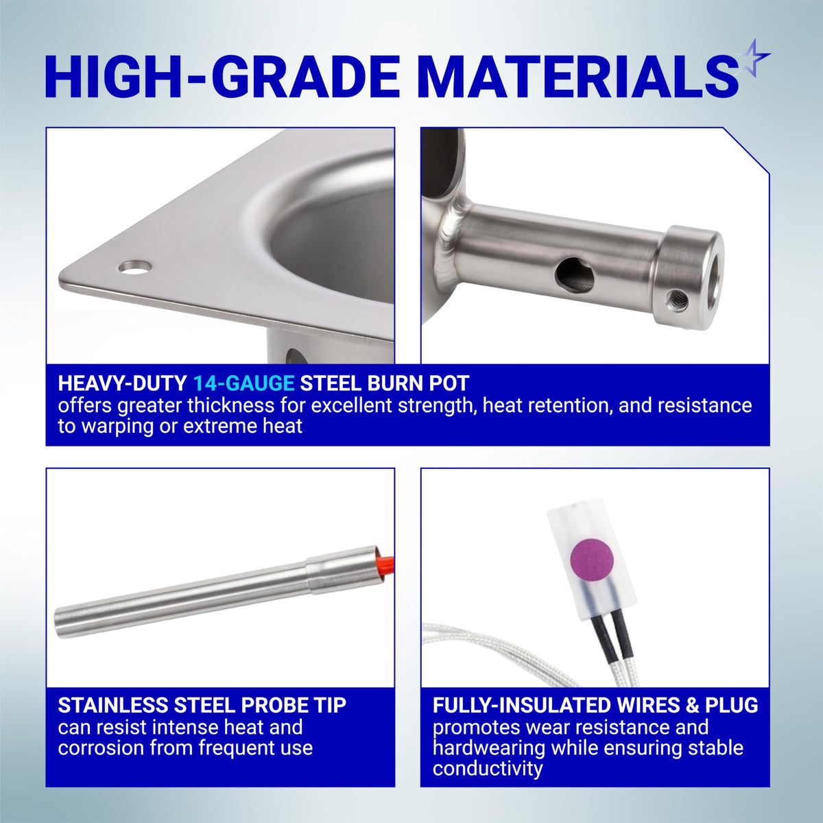 Close-up of heavy-duty steel burn pot and stainless steel hot rod ignitor components for wood pellet grills.