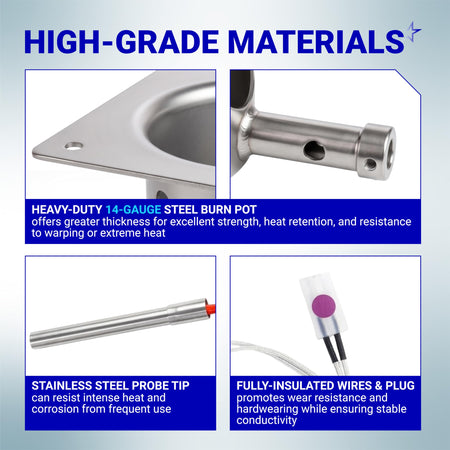 Close-up of heavy-duty steel burn pot and stainless steel hot rod ignitor components for wood pellet grills.