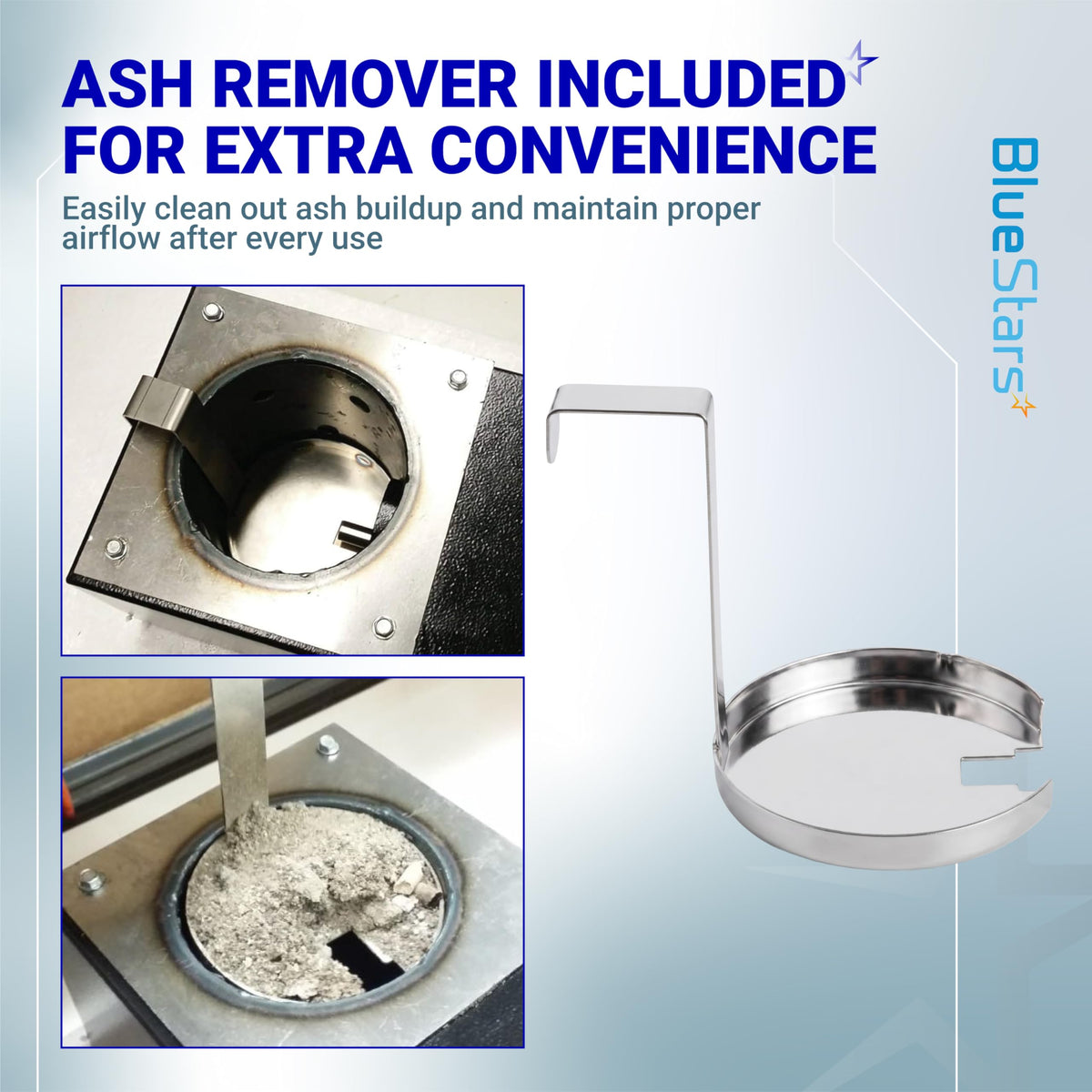 Stainless steel ash remover tool for Traeger and Pit Boss wood pellet grill burn pots.