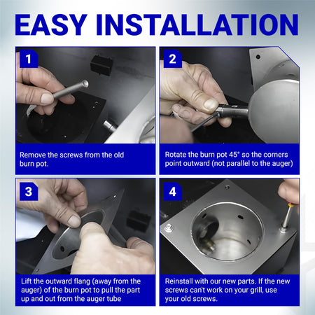 Four-step installation guide for replacing a wood pellet grill fire burn pot and ignitor kit.