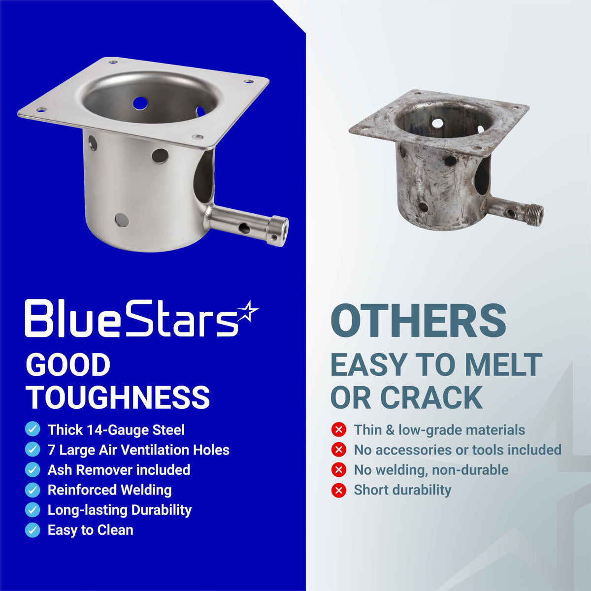 Comparison of BlueStars heavy-duty steel fire burn pot vs standard thin metal burn pot for wood pellet grills.