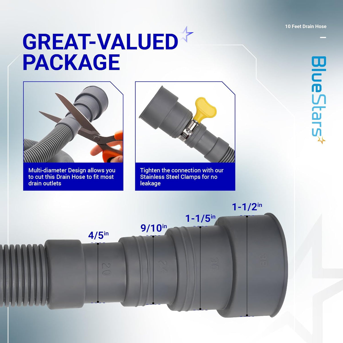 Infographic showing multi-diameter universal drain hose end for dishwasher and washing machine installation.
