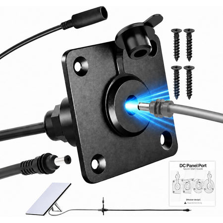 Waterproof Wall Socket Passthrough Kit for Starlink Mini, front view with DC connector, cable, four screws and guide