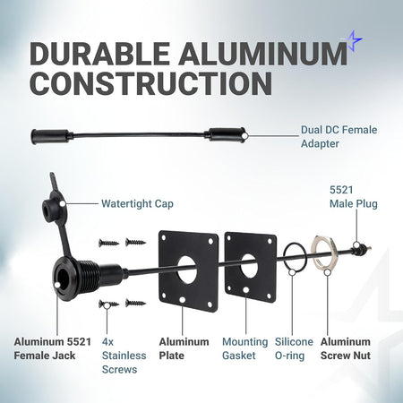 Waterproof Starlink Mini wall socket passthrough kit, exploded diagram showing aluminum plate, gasket, jack, screws and adapt
