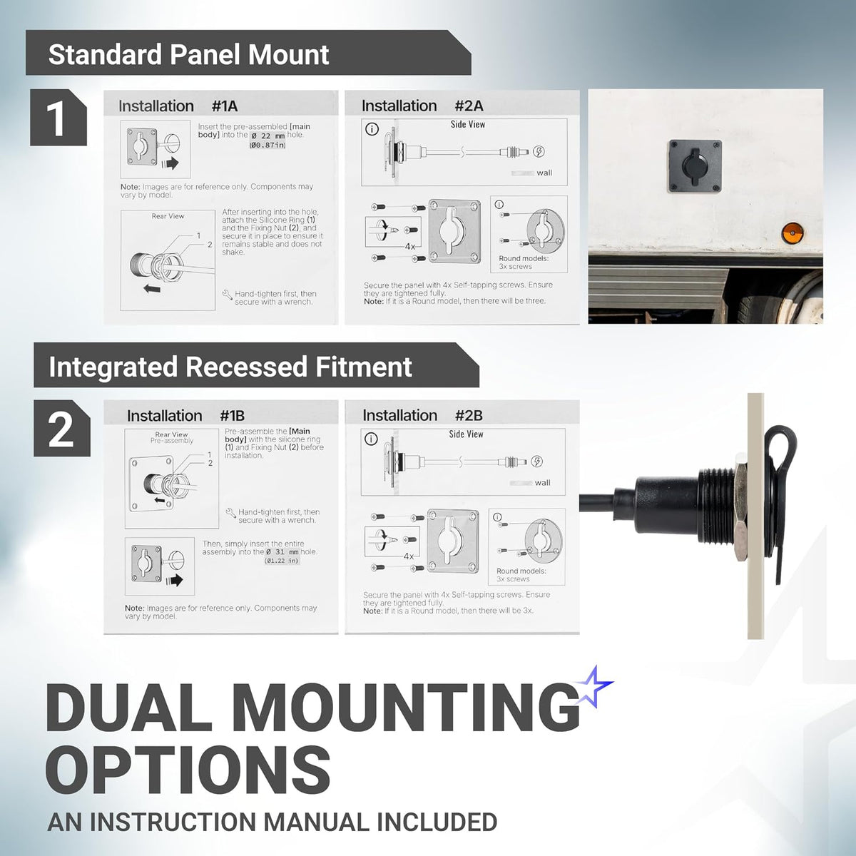 Waterproof Wall Socket Passthrough Kit, dual mounting options with installation diagrams and recessed fitting