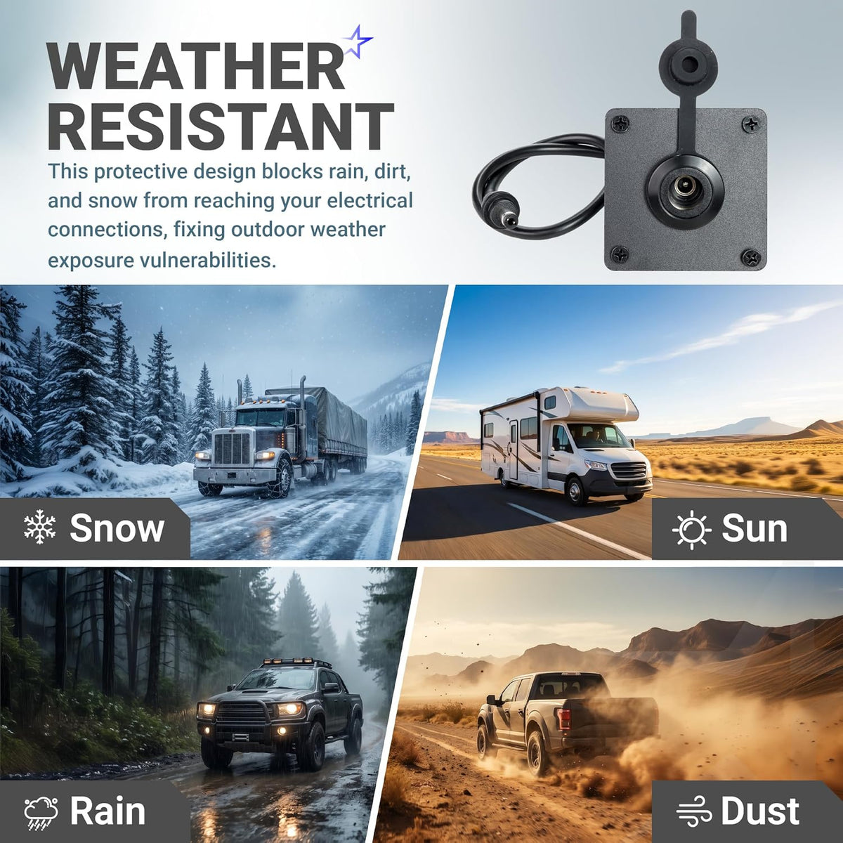 Waterproof Aluminum Starlink Mini Wall Socket Kit, connector shown with weather-resistant scenes for snow, sun, rain, and dus