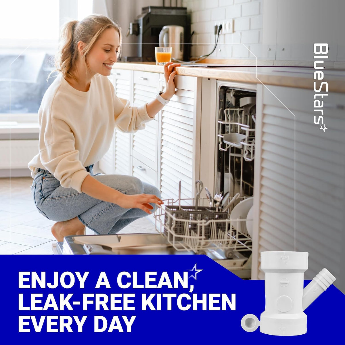212332 Condensate Drain Pipe shown beside an open dishwasher in a kitchen scene with leak-free kitchen text