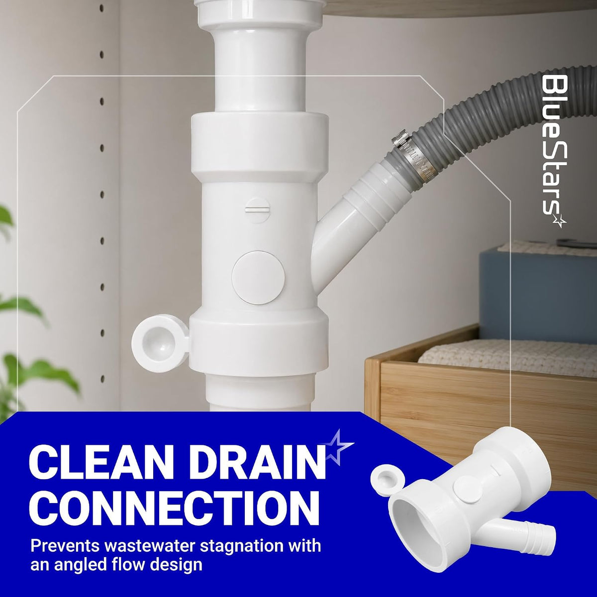 212332 Condensate Drain Pipe shown installed under a sink with a product rendering and clean drain connection text