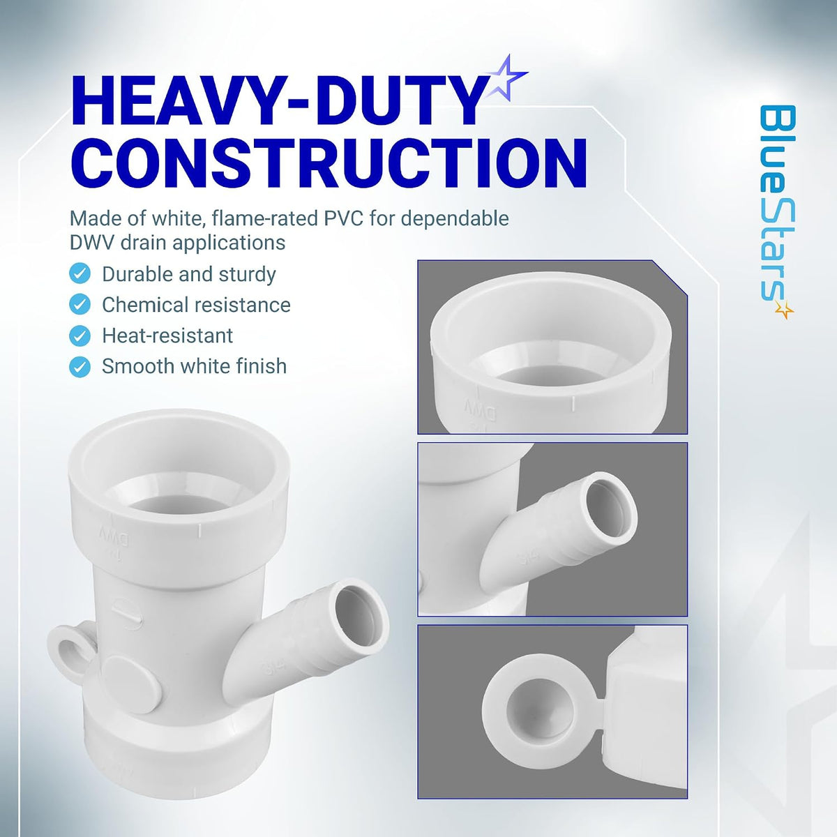 212332 Condensate Drain Pipe showing white PVC construction with close-ups of the openings and side outlet