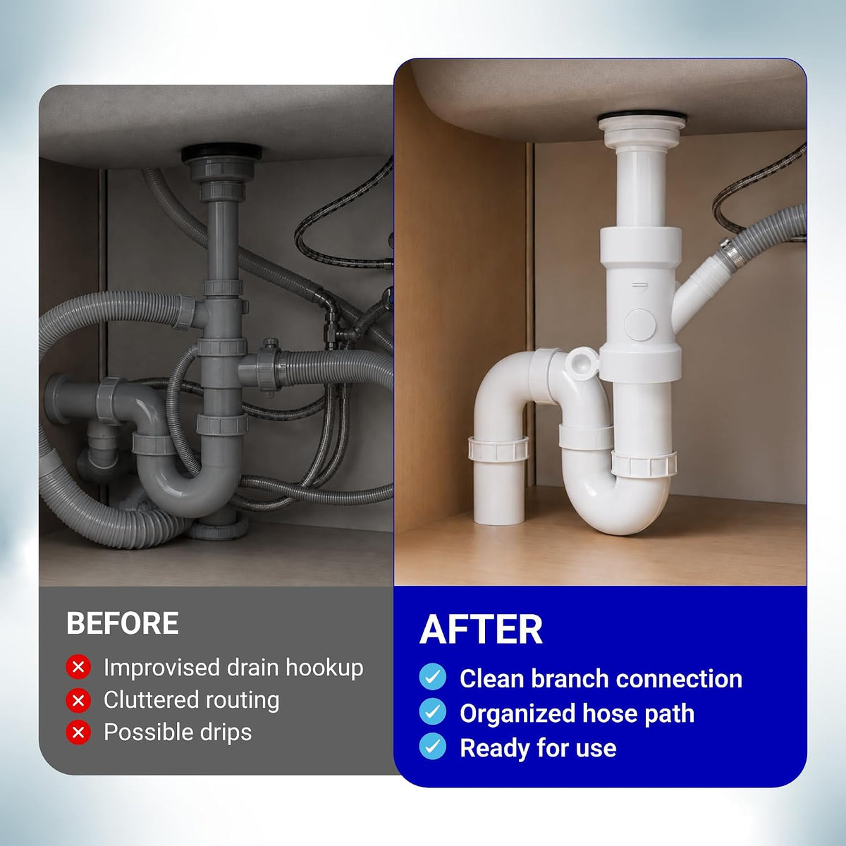 212332 Condensate Drain Pipe shown in a before-and-after drain hookup comparison