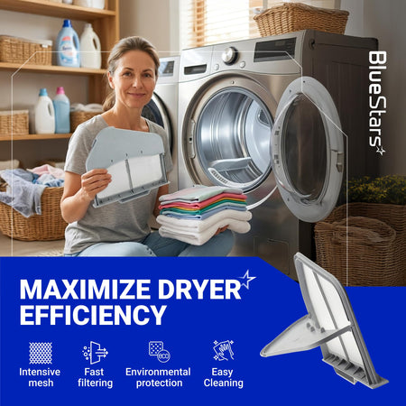 Woman holding a replacement dryer lint screen filter in a laundry room with efficiency icons.