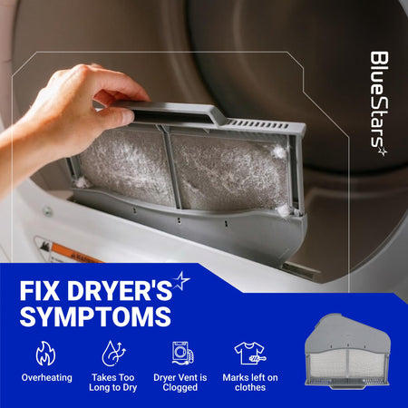 Hand removing a lint-clogged dryer filter to fix common dryer performance issues like overheating and long drying times.