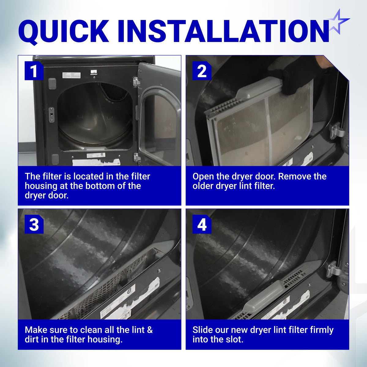 Four-step installation guide showing how to remove and replace a clothes dryer lint filter.