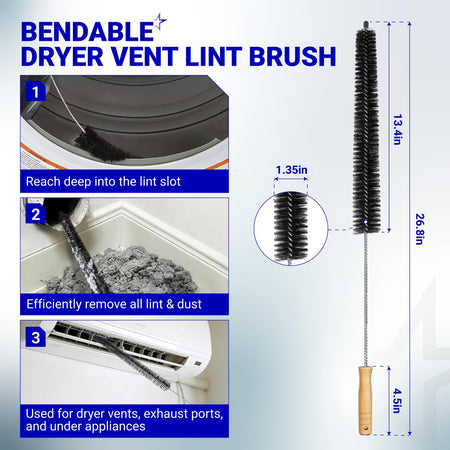 Bendable dryer vent lint brush with wooden handle showing dimensions and usage examples for cleaning vents and appliances.