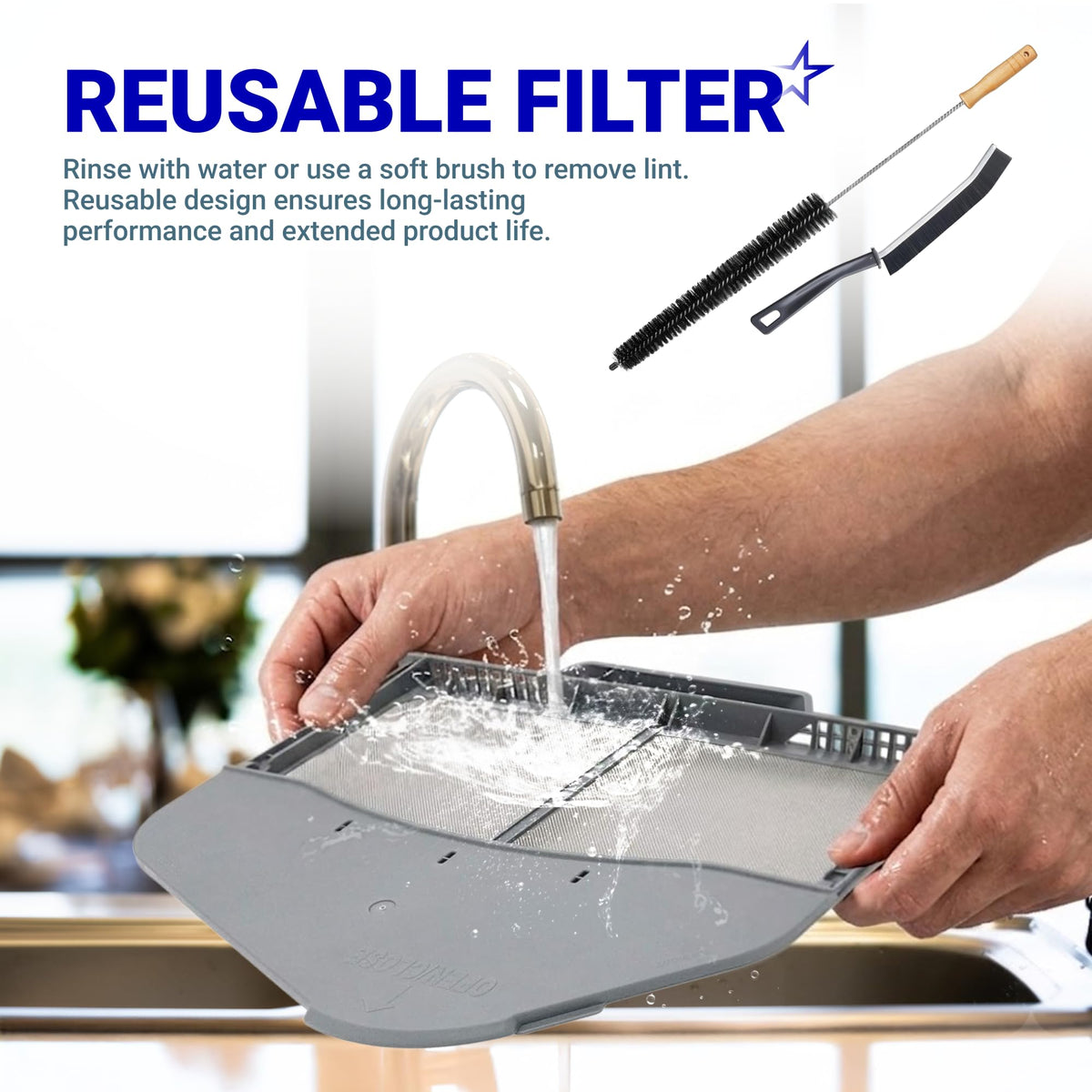 Person rinsing a reusable dryer lint filter under a kitchen faucet with cleaning brushes shown above.