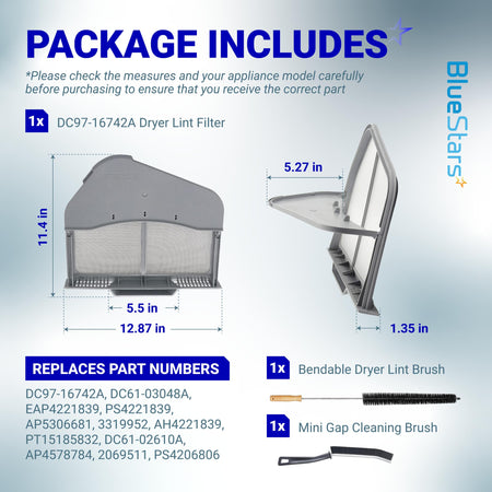 DC97-16742A dryer lint filter replacement kit with dimensions, lint brush, and mini gap cleaning brush.
