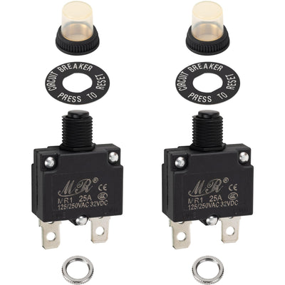 Two 25A thermal circuit breakers with manual reset buttons, waterproof caps, and mounting hardware.